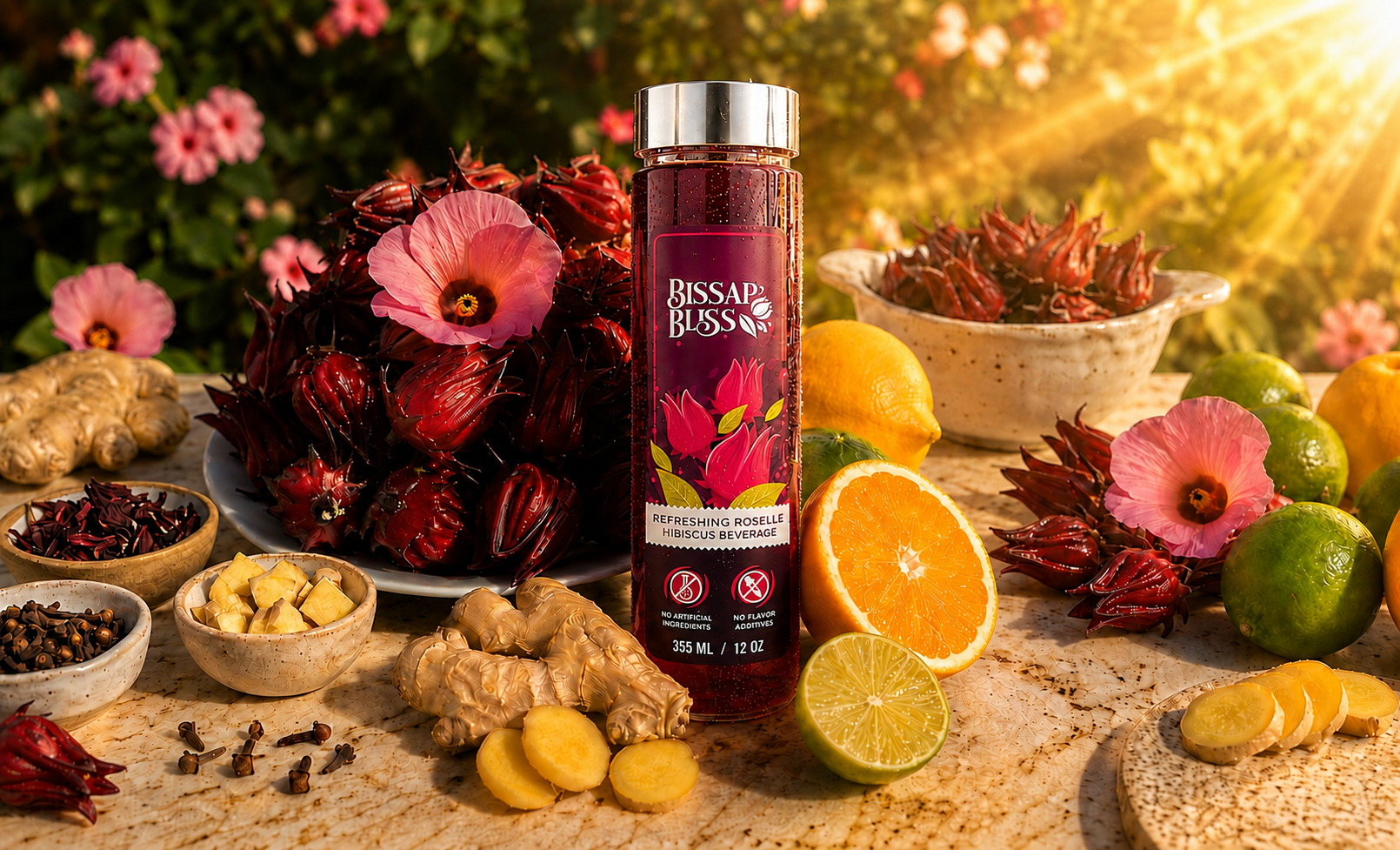Bissap Bliss bottle with hibiscus and fresh ingredients